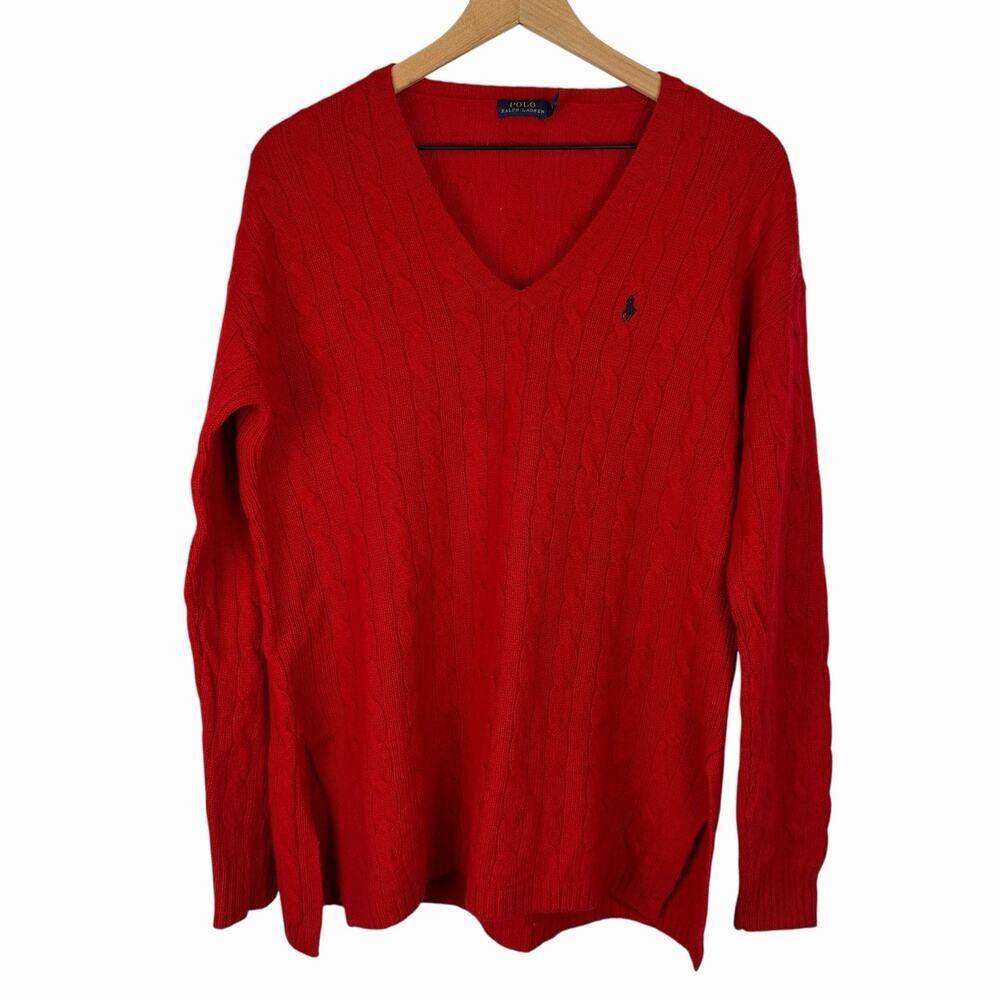 POLO RALPH LAUREN Merino Wool Cashmere Cable Knit Sweater Red Medium Oversized